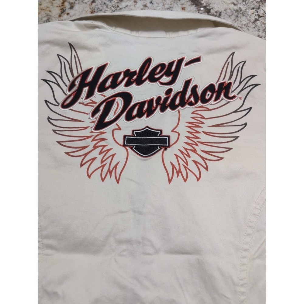 Harley Davidson Womens Ivory Embroidered Zip Short Sleeve Blouse Small Shirt